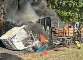 Pożar w Golinie: Spłonęła ciężarówka z drewnem